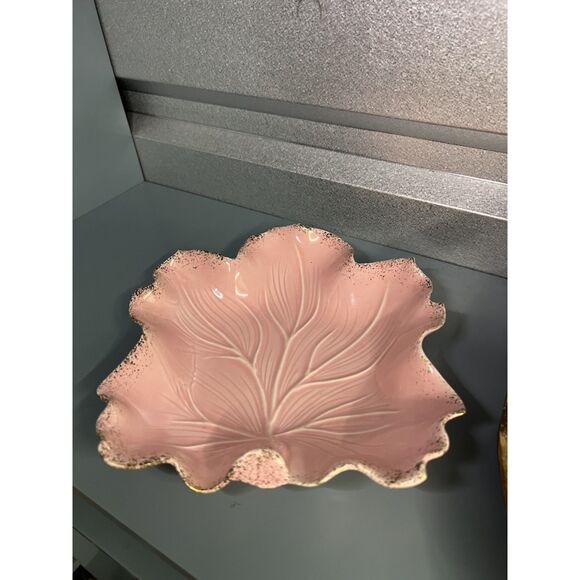 VTG California Pottery #719 Pink Leaf Dish Gold Trim + MCM Pink Gold 2 Tier Tray - Picture 8 of 16